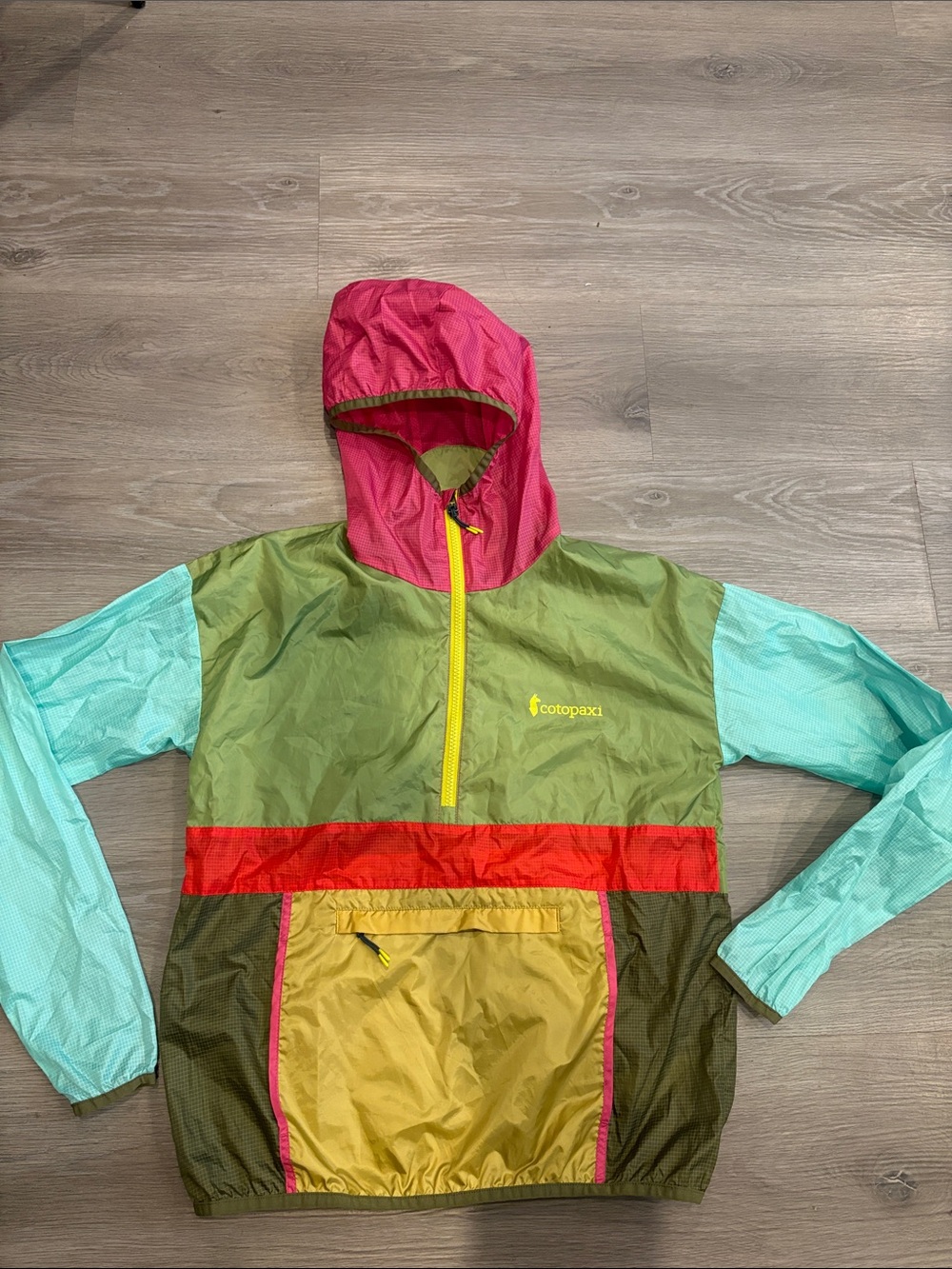 cotopaxi Multicolor Windbreaker Jacket - Pink, Green, Aqua, Red, Yellow